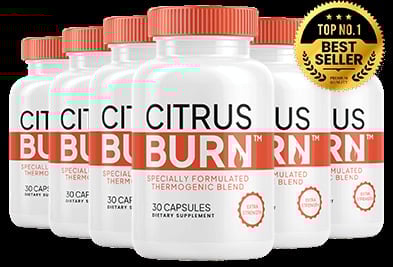 Five bottles of Citrus Burn thermogenic supplement with Top No.1 Best Seller gold badge on black background